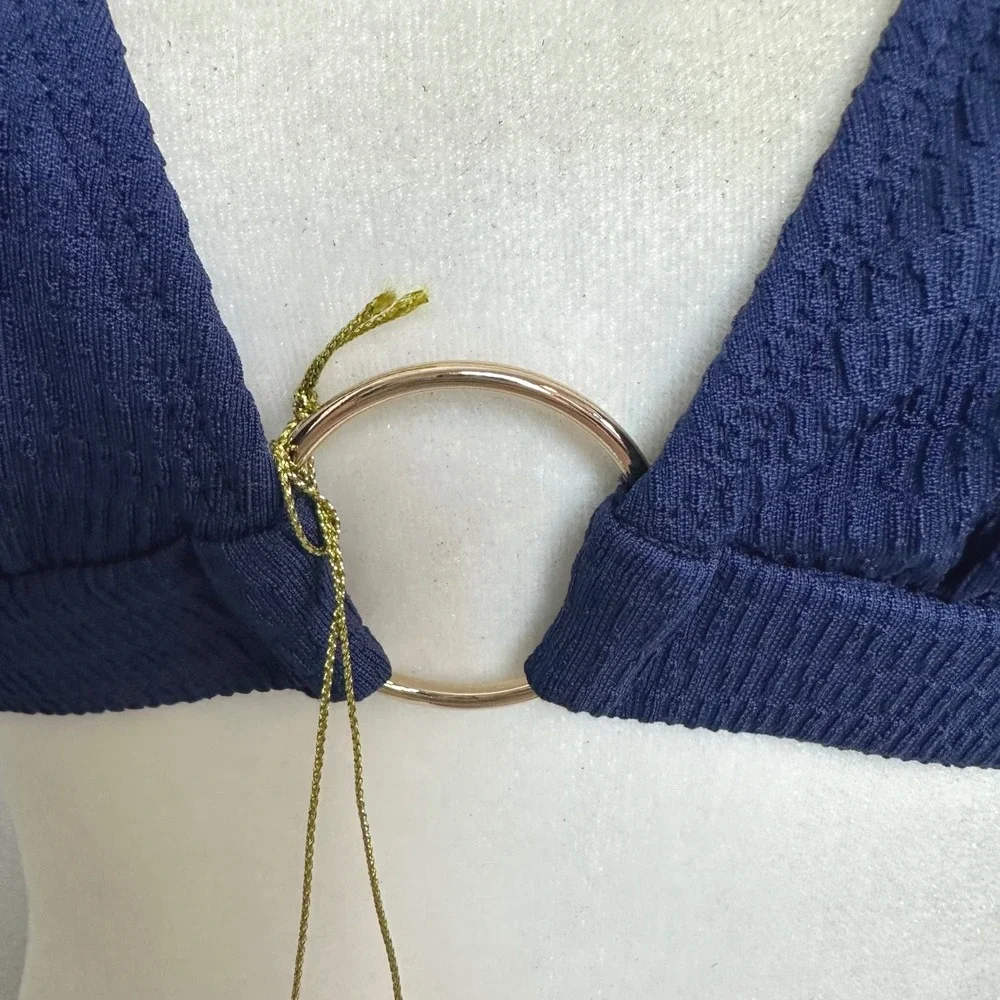 Shoshanna Navy Blue Textured Halter Bikini Top Gold Ring Detail DD NEW Luxury